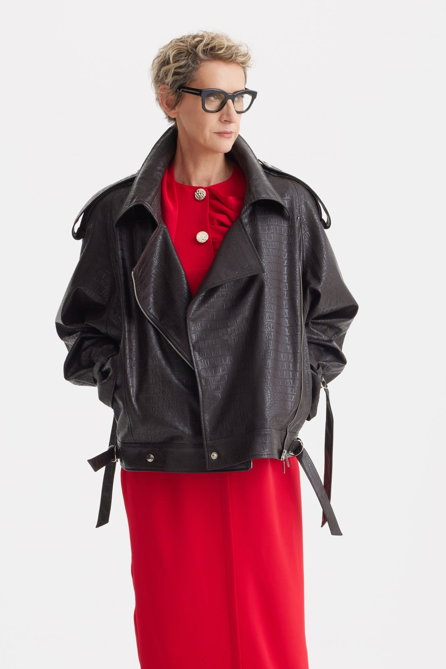 JULIA ALLERT Croc-Effect Vegan Leather Oversized Jacket – Black