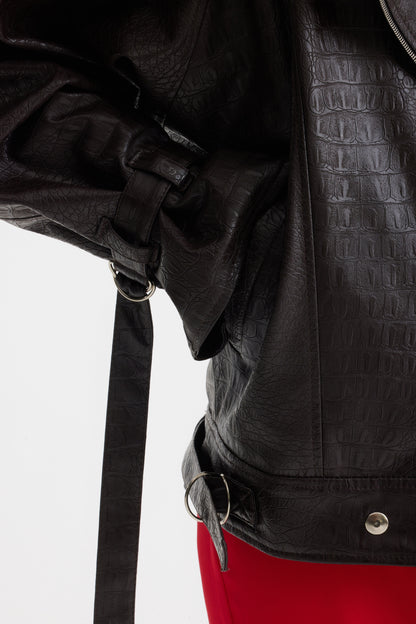 JULIA ALLERT Croc-Effect Vegan Leather Oversized Jacket – Black