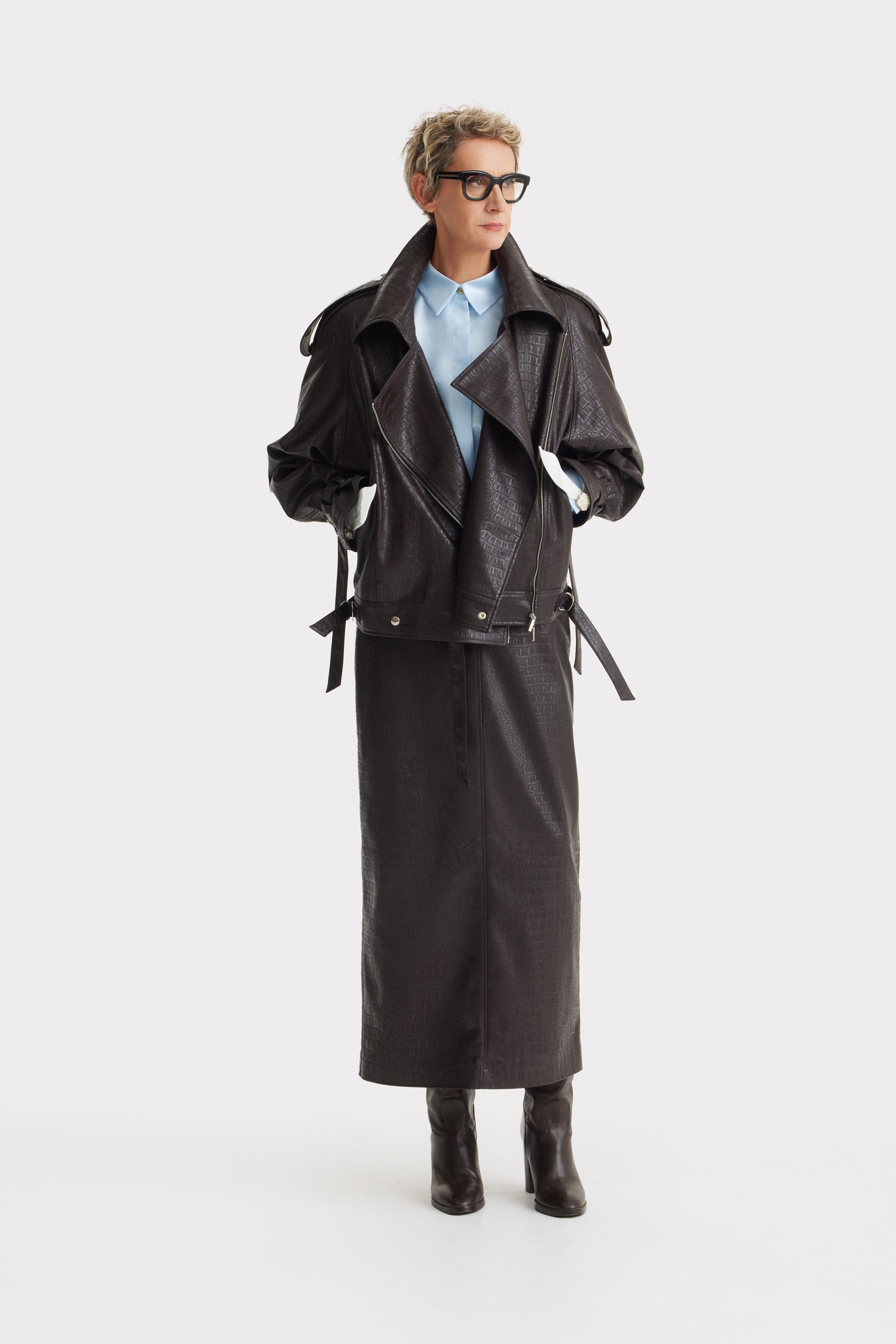 JULIA ALLERT Croc-Effect Vegan Leather Oversized Jacket – Black