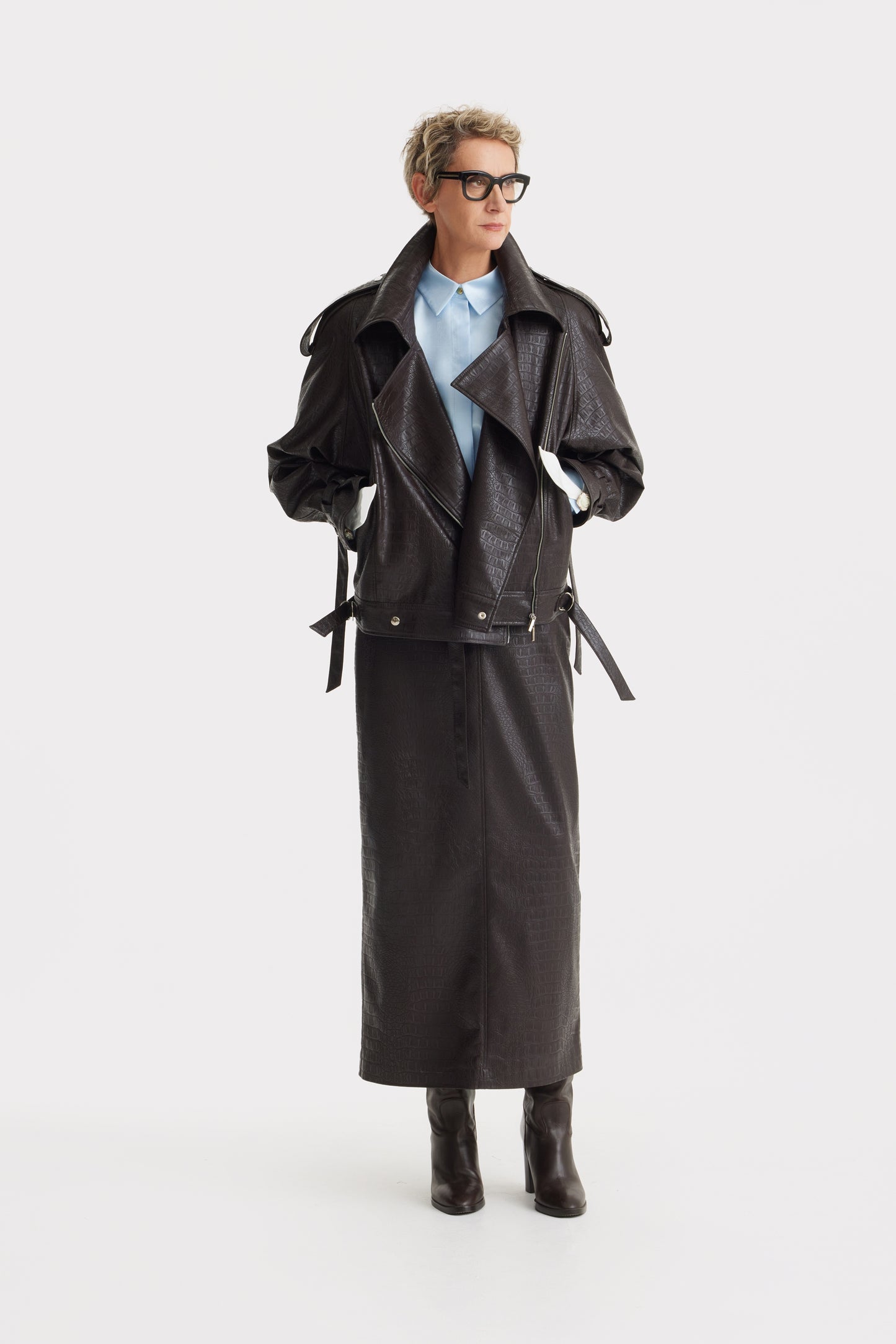 JULIA ALLERT Croc-Effect Vegan Leather Oversized Jacket – Black