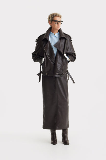 JULIA ALLERT Croc-Effect Vegan Leather Oversized Jacket – Black