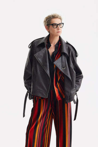 JULIA ALLERT Croc-Effect Vegan Leather Oversized Jacket – Black