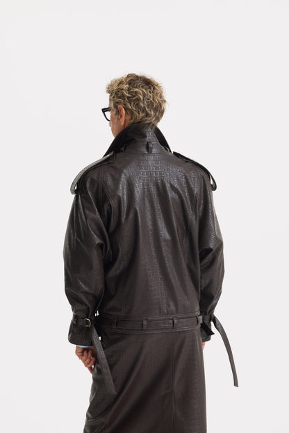 JULIA ALLERT Croc-Effect Vegan Leather Oversized Jacket - Dark Brown