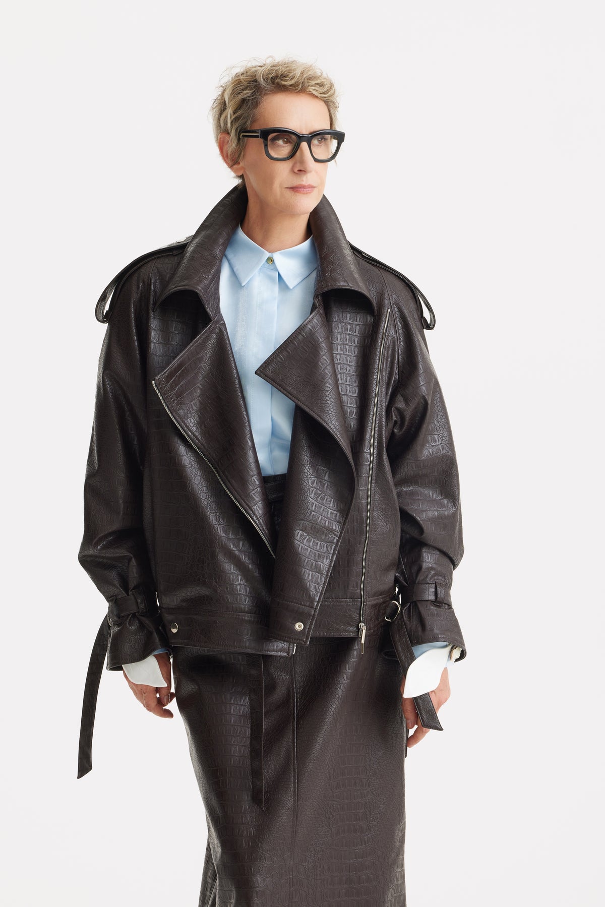 JULIA ALLERT Croc-Effect Vegan Leather Oversized Jacket - Dark Brown