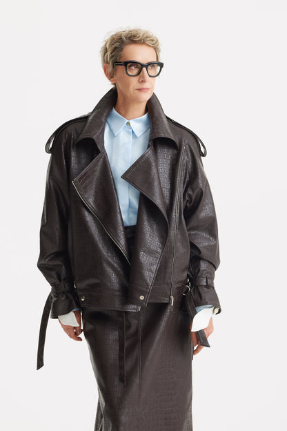 JULIA ALLERT Croc-Effect Vegan Leather Oversized Jacket - Dark Brown