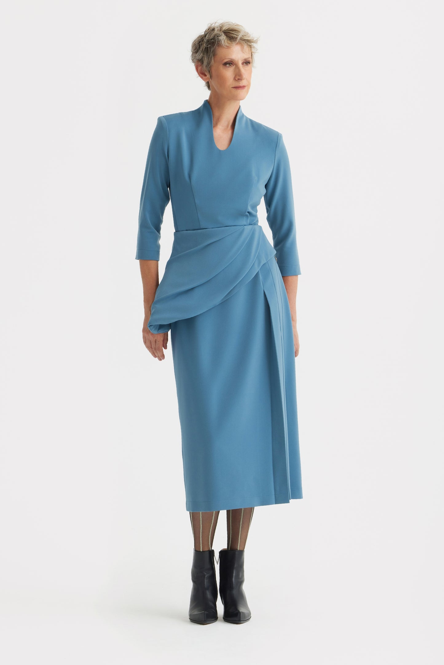 JULIA ALLERT Formal Cocktail Midi Dress With Peplum Belt - Light Blue
