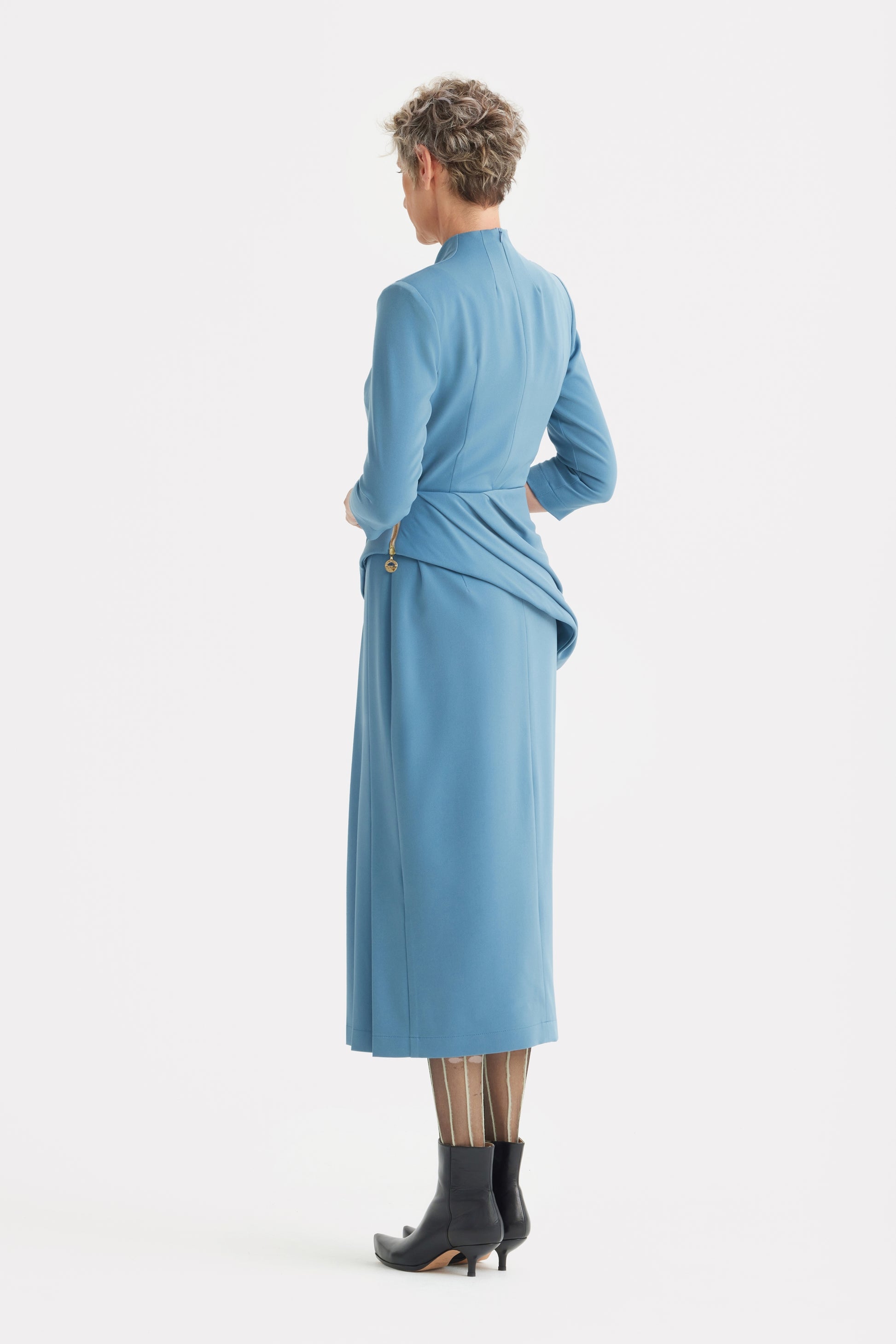 JULIA ALLERT Formal Cocktail Midi Dress With Peplum Belt - Light Blue BONVION JULIA ALLERT Formal Cocktail Midi Dress With Peplum Belt - Light Blue BONVION