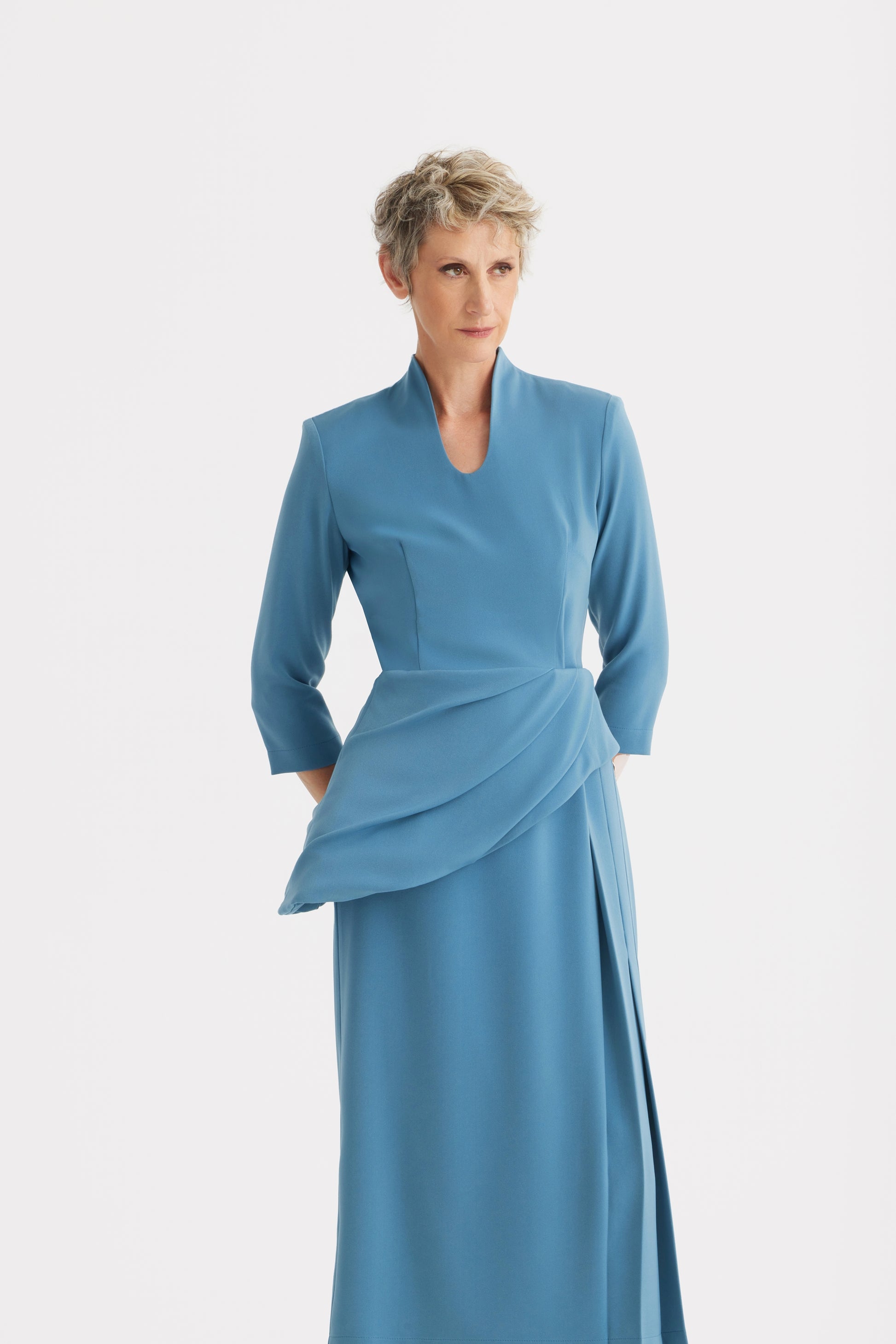 JULIA ALLERT Formal Cocktail Midi Dress With Peplum Belt - Light Blue BONVION JULIA ALLERT Formal Cocktail Midi Dress With Peplum Belt - Light Blue BONVION