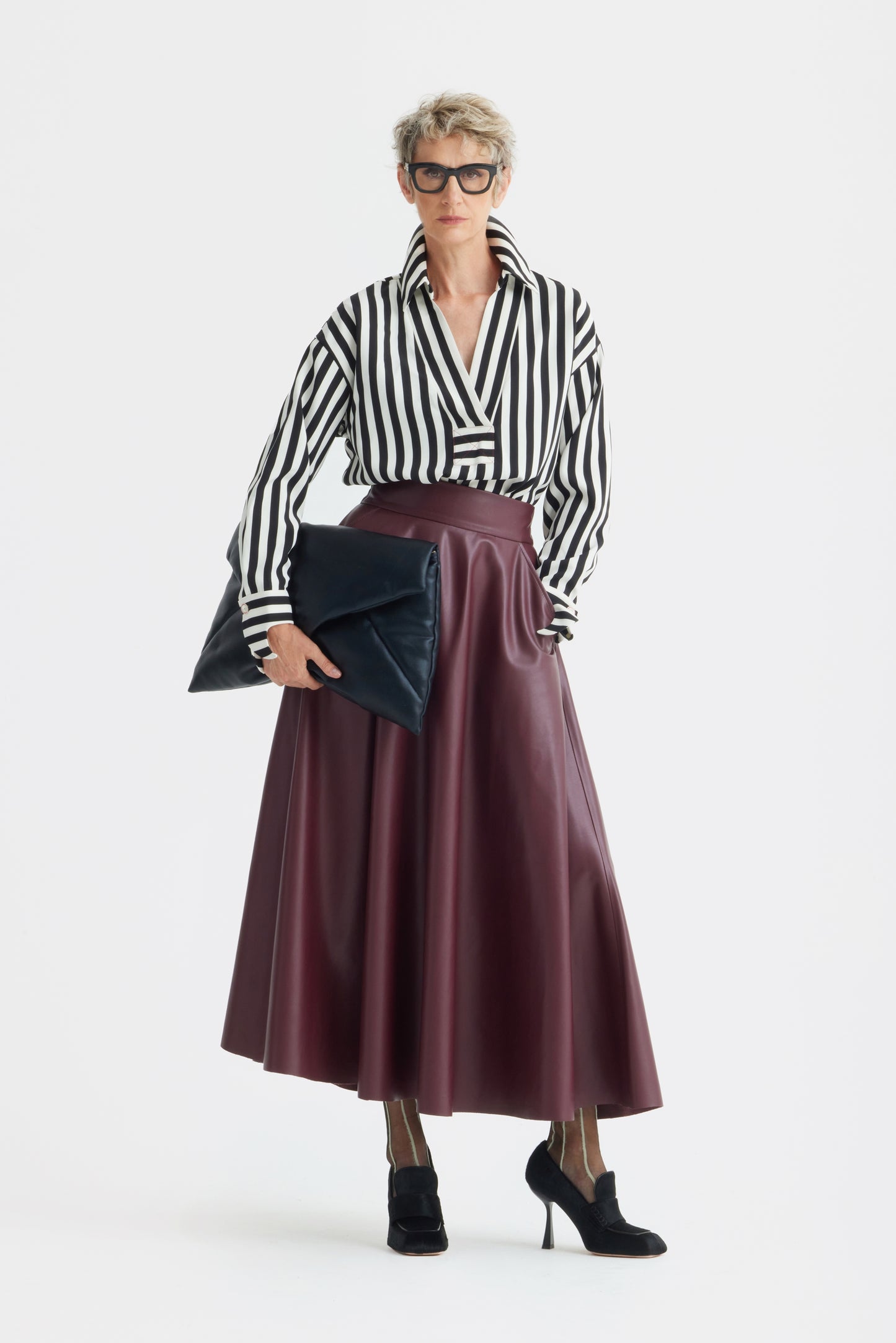 JULIA ALLERT Full Flare High Waist Midi Skirt - Burgundy