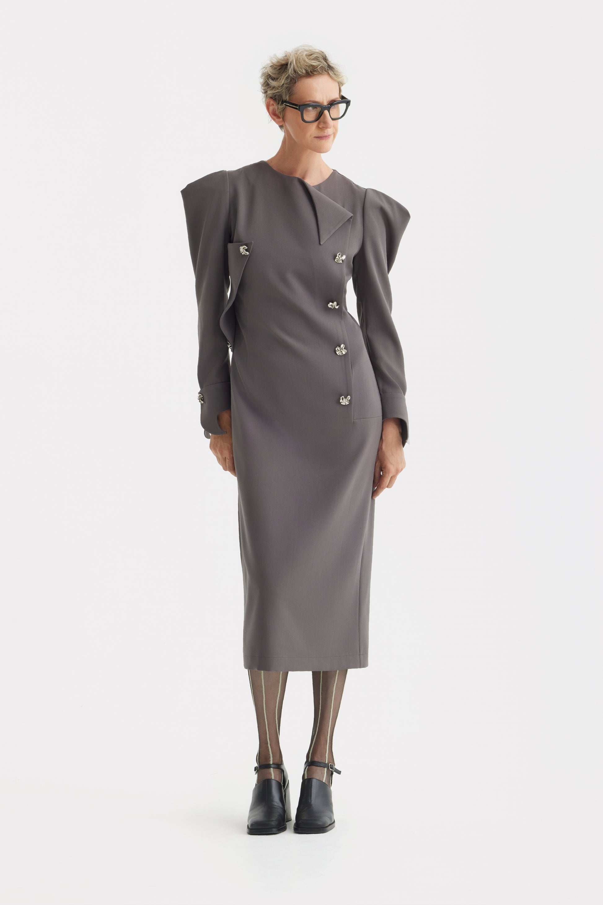 JULIA ALLERT Midi Evening Dress With Sculpted Shoulders - Taupe BONVION JULIA ALLERT Midi Evening Dress With Sculpted Shoulders - Taupe BONVION