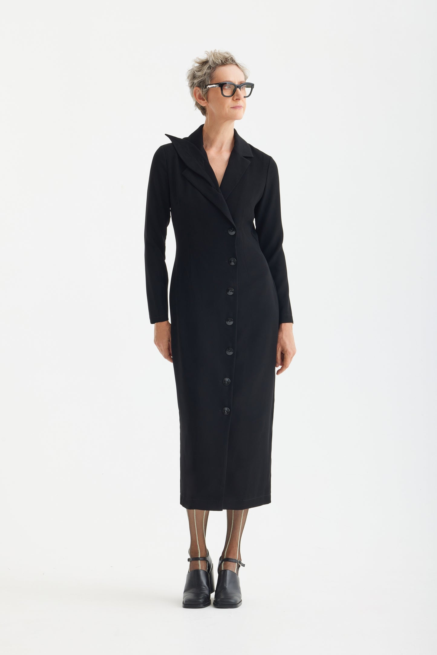 designer black coat dress Modern Trench Dress in Wool Tricotine Black / 8
