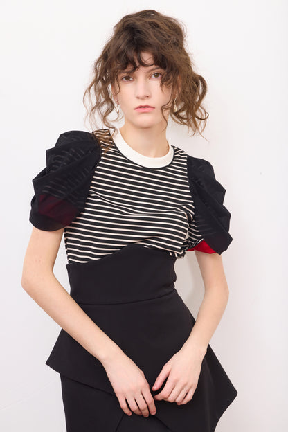 JULIA ALLERT Striped Knit Blouse With Mesh Puff Sleeves - Black/White