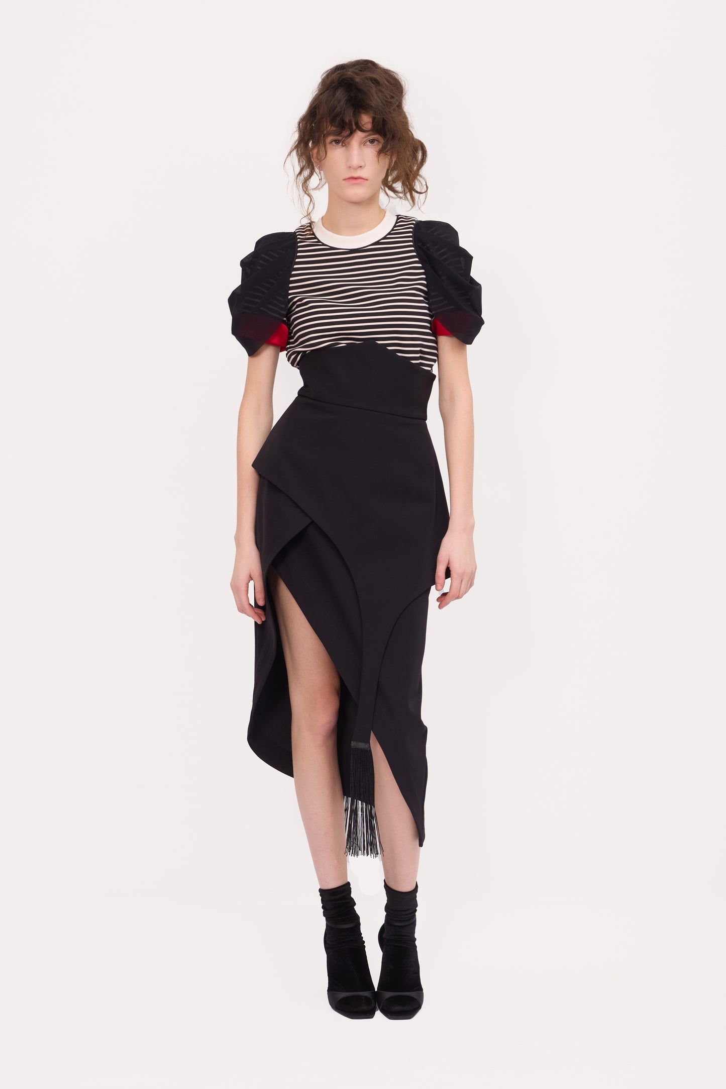 JULIA ALLERT Striped Knit Blouse With Mesh Puff Sleeves - Black/White