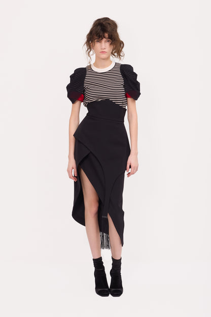 JULIA ALLERT Striped Knit Blouse With Mesh Puff Sleeves - Black/White