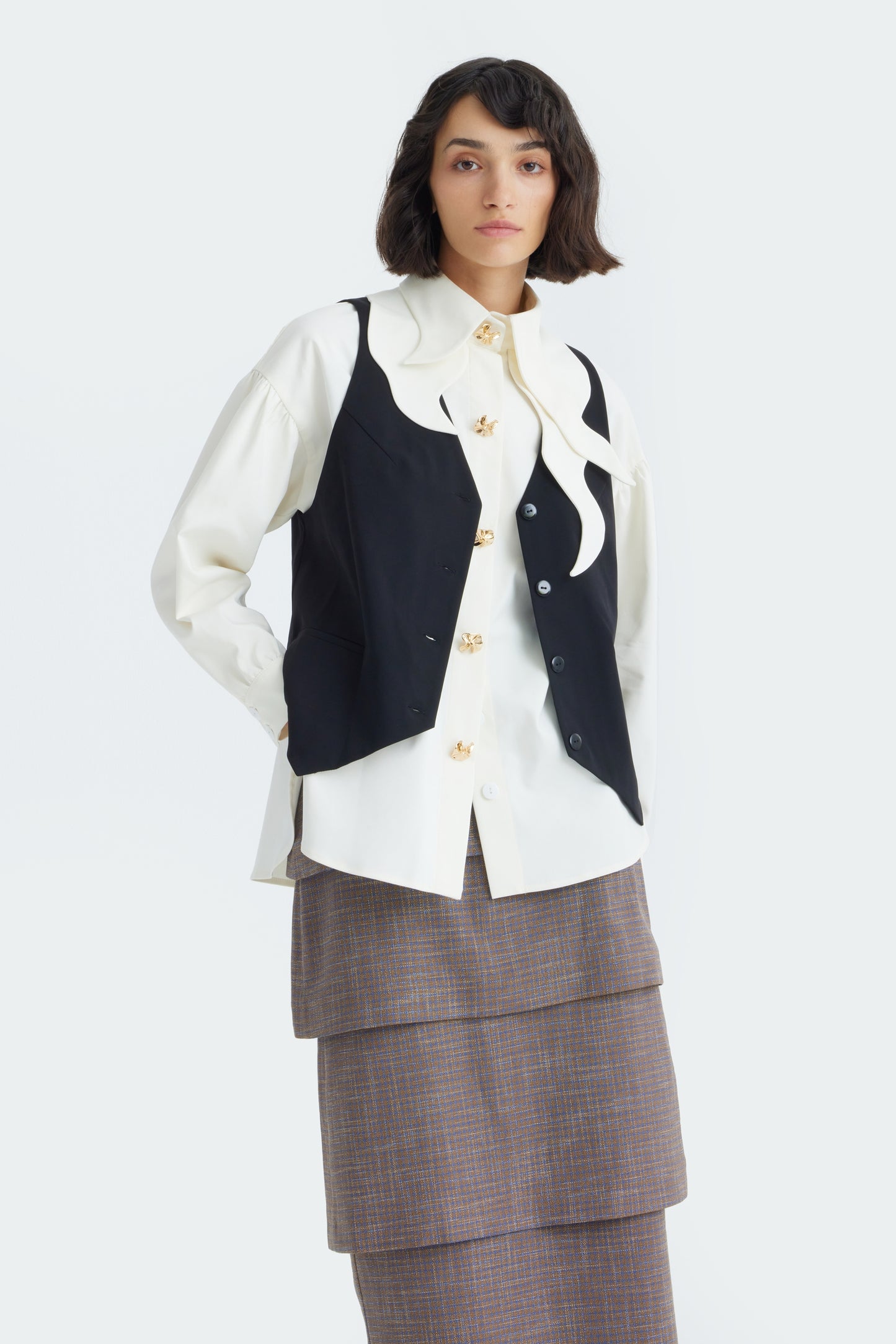 JULIA ALLERT Vintage-Inspired Blouse And Vest Set - Black/Ivory