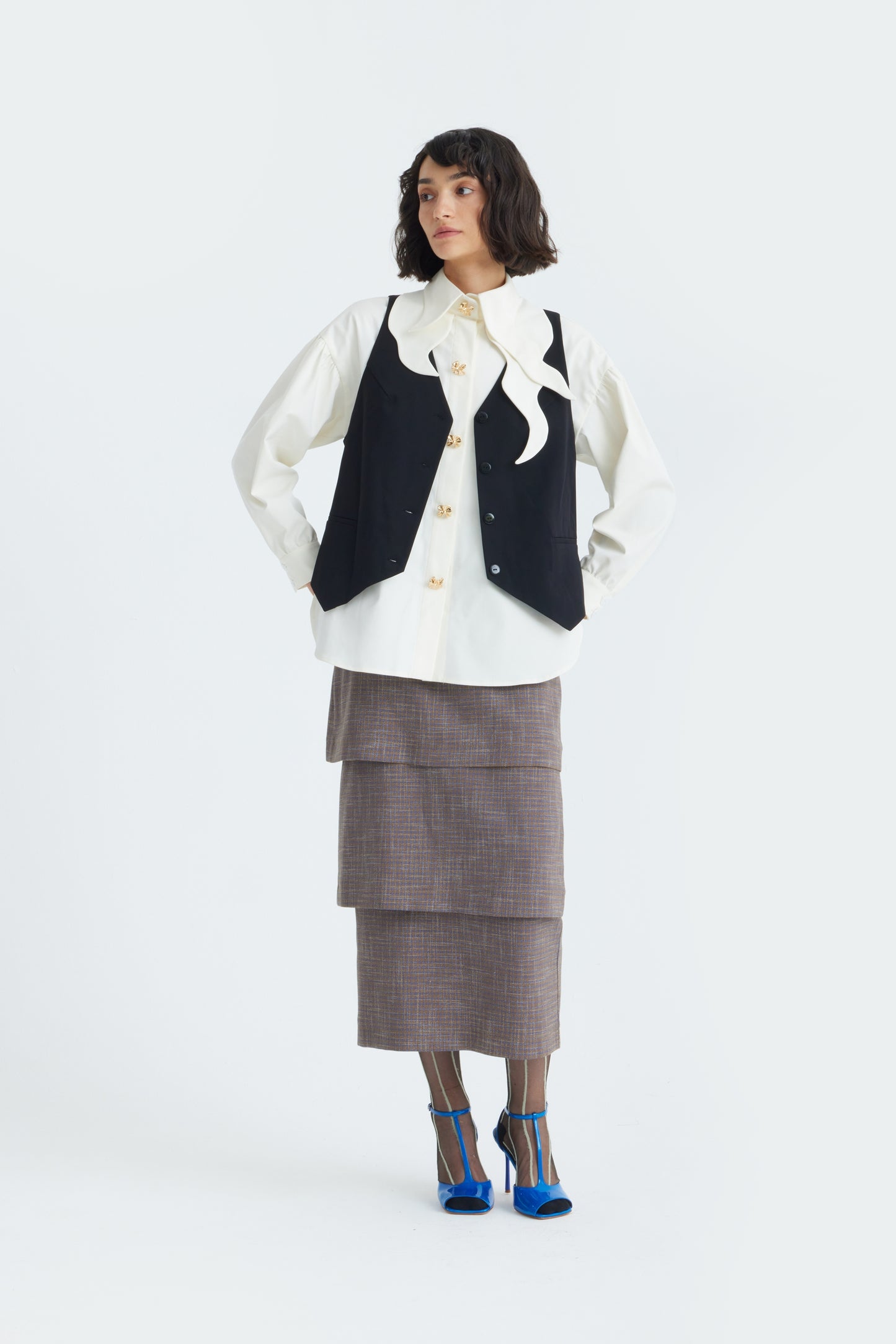 JULIA ALLERT Vintage-Inspired Blouse And Vest Set - Black/Ivory