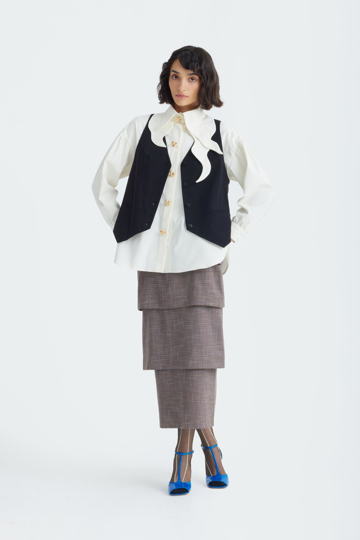 JULIA ALLERT Vintage-Inspired Blouse And Vest Set - Black/Ivory