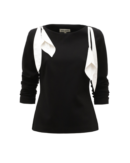 JULIA ALLERT Boat Neck Blouse with Floral Drape - Black