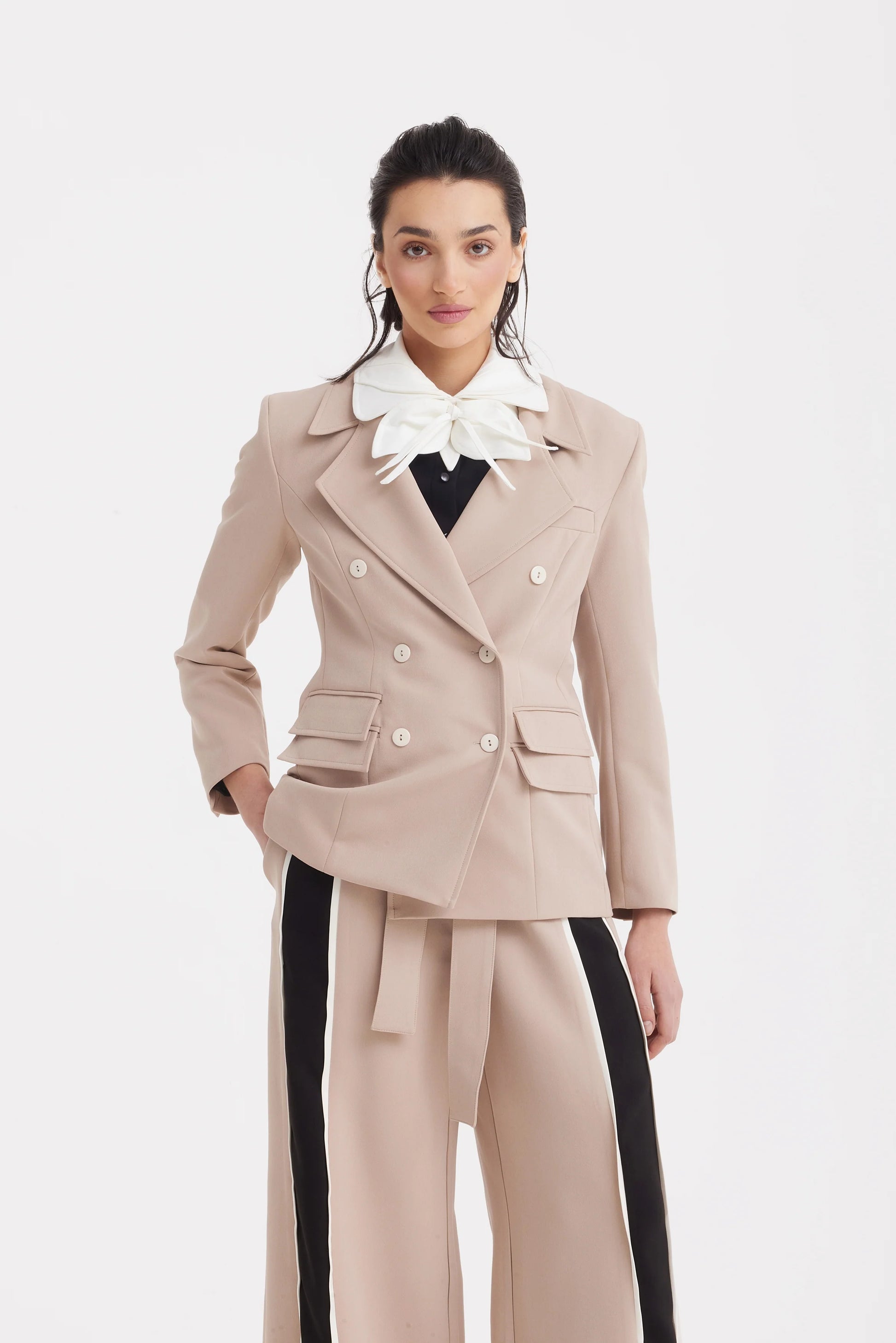 Classic Tailored Beige Women's Double-Breasted Blazer | Julia Allert