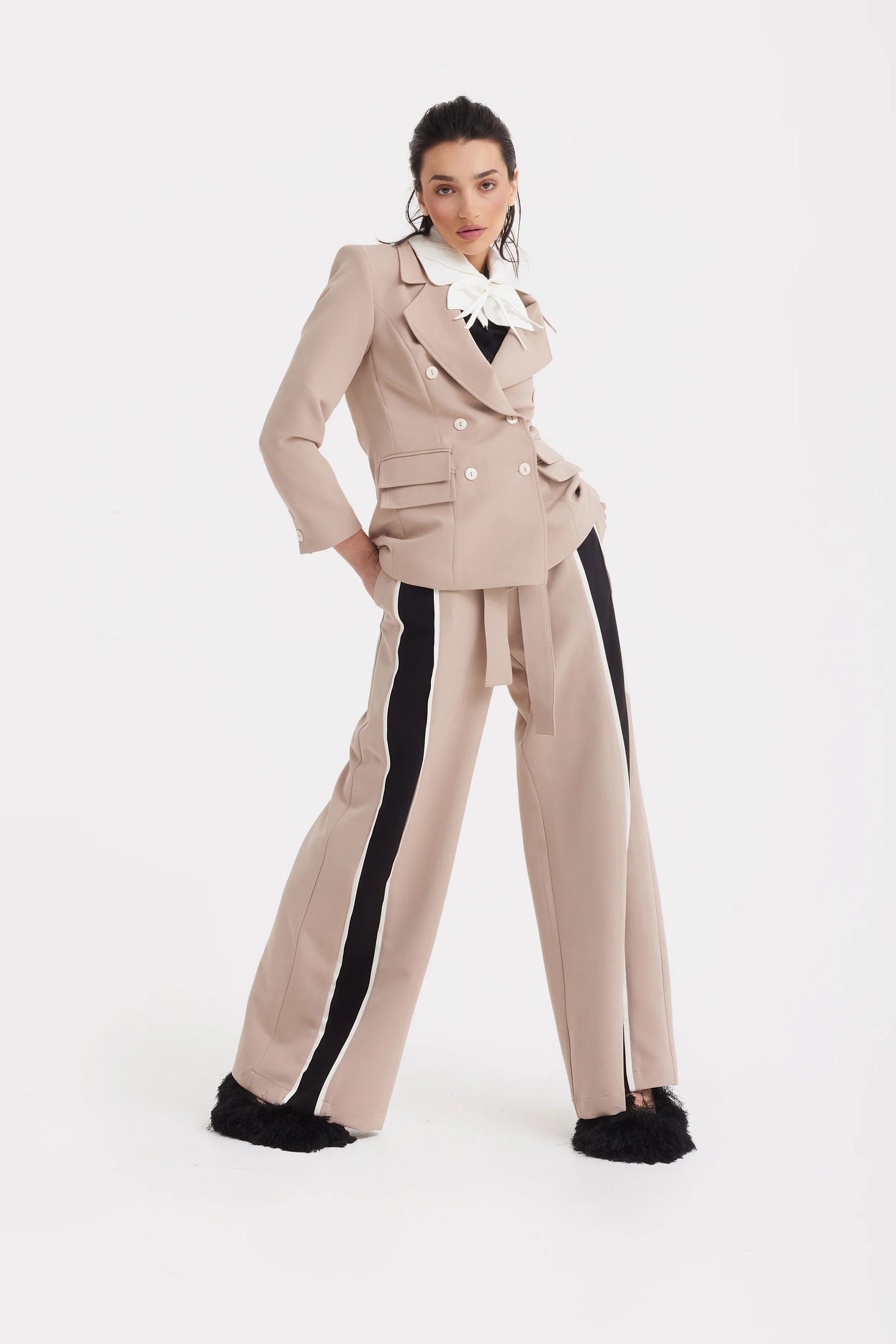 Classic Tailored Beige Women's Double-Breasted Blazer | Julia Allert