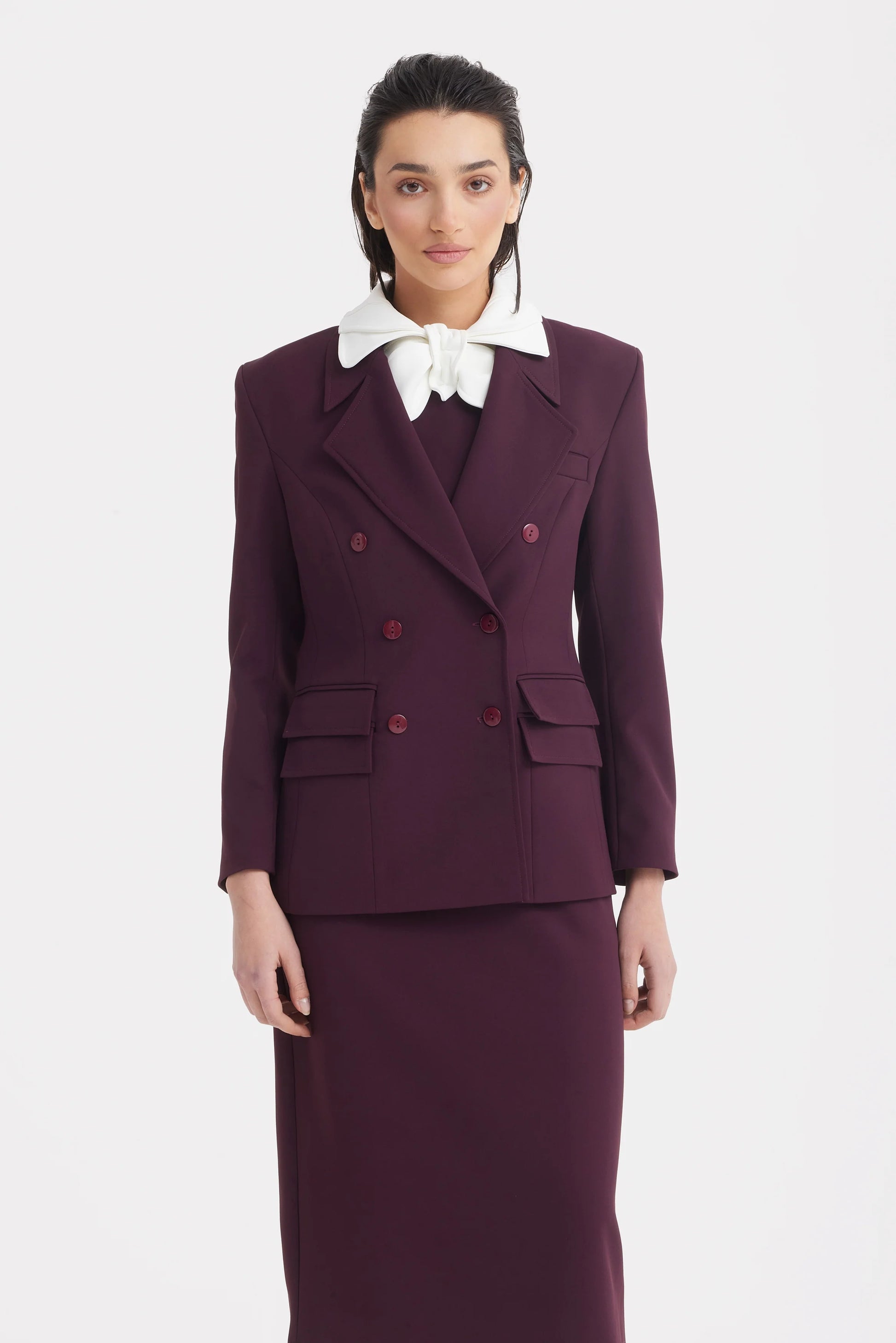 Classic Tailored Double-Breasted Blazer in Wine color | Julia Allert