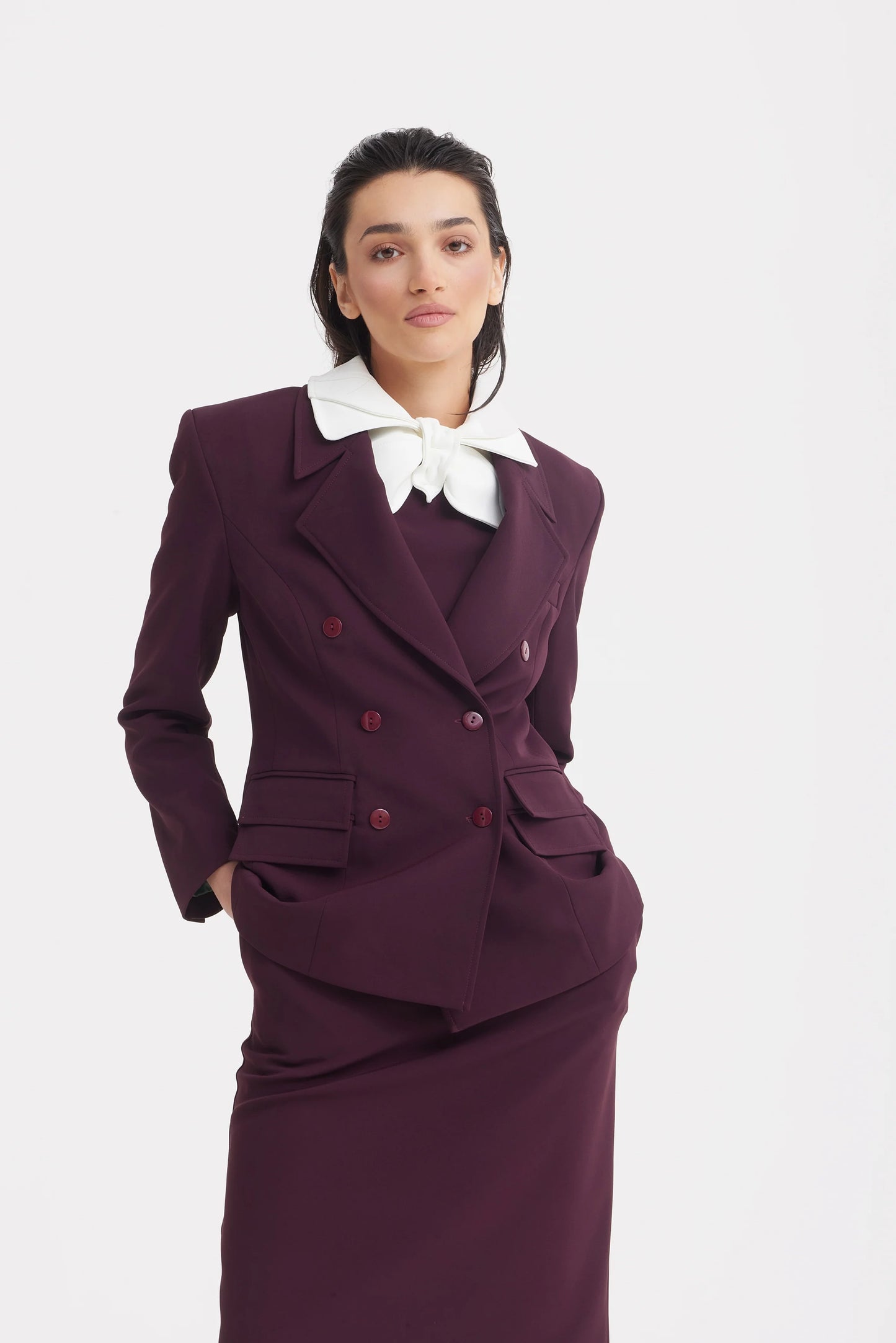 Classic Tailored Double-Breasted Blazer in Wine color | Julia Allert