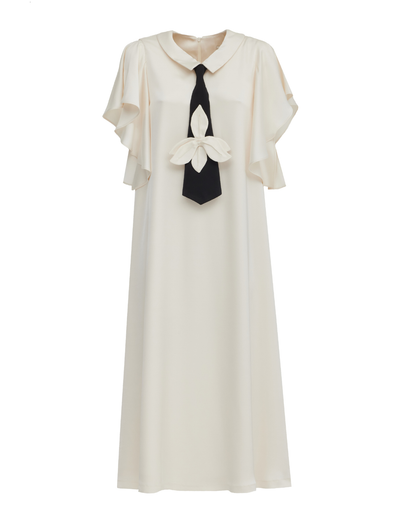 Ivory midi satin dress with black tie | Julia Allert