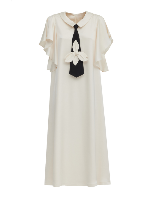 Ivory midi satin dress with black tie | Julia Allert