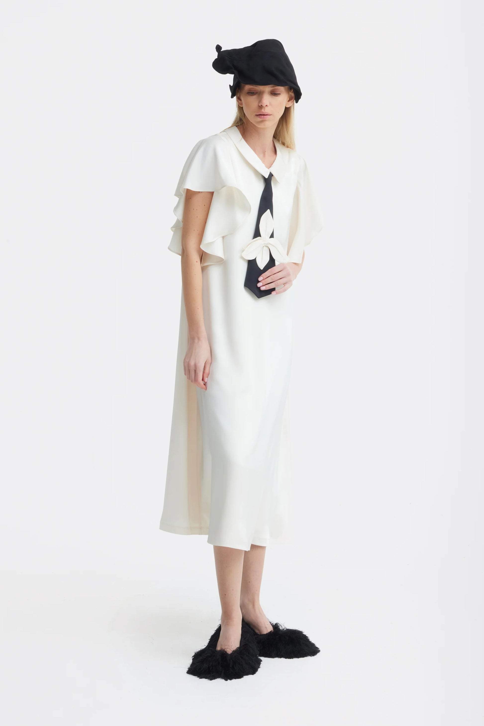 Ivory midi satin dress with black tie | Julia Allert