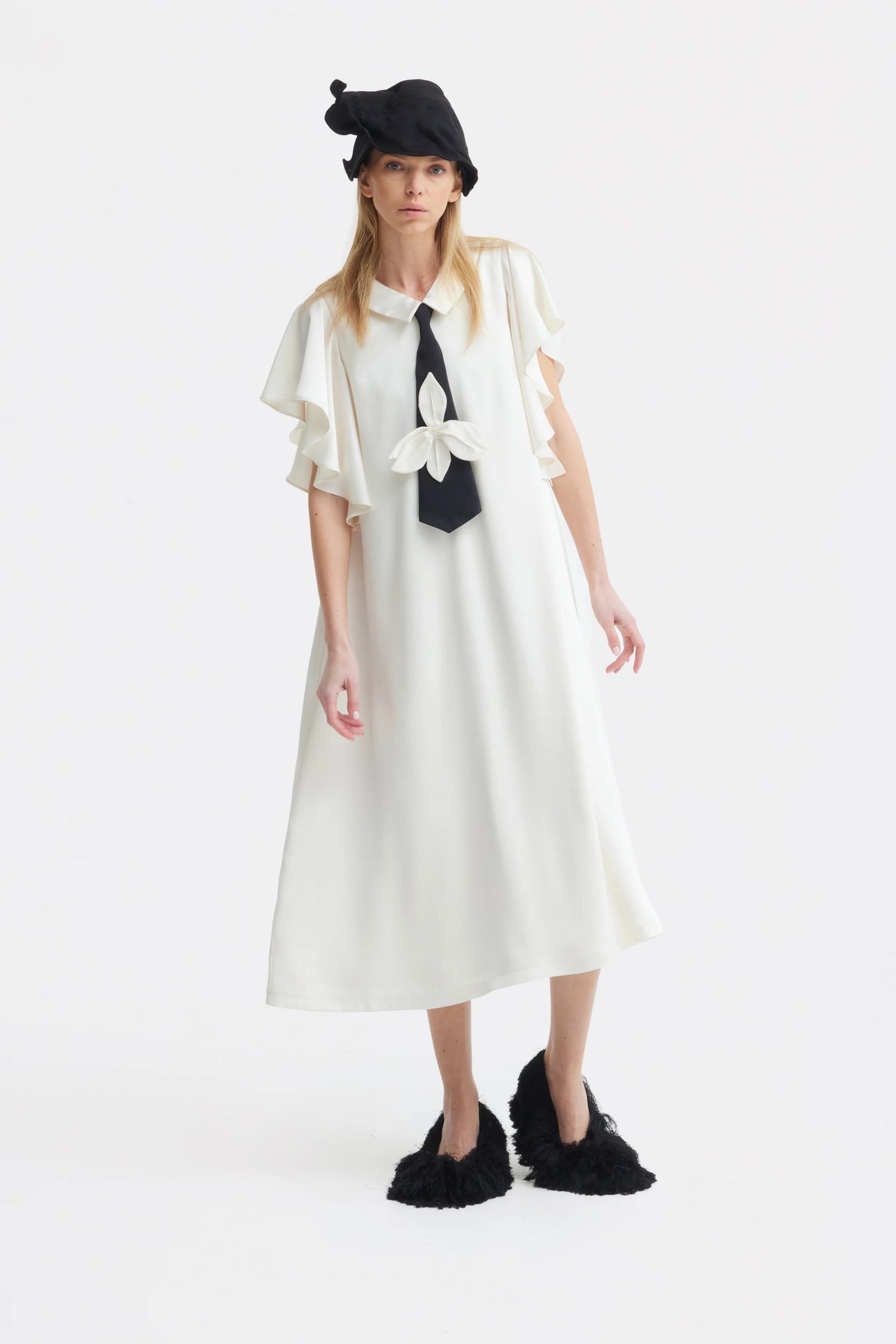 Ivory midi satin dress with black tie | Julia Allert