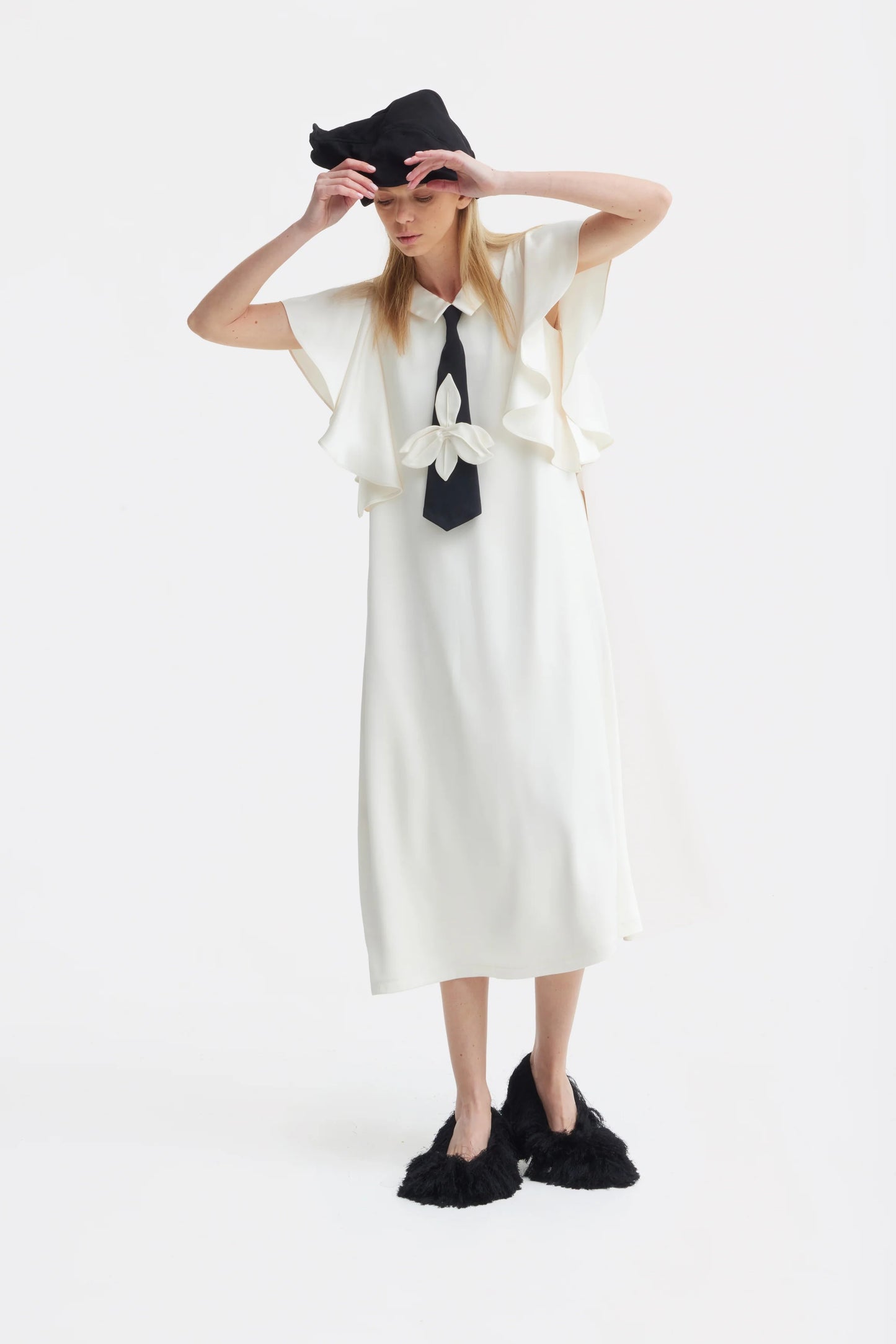 Ivory midi satin dress with black tie | Julia Allert