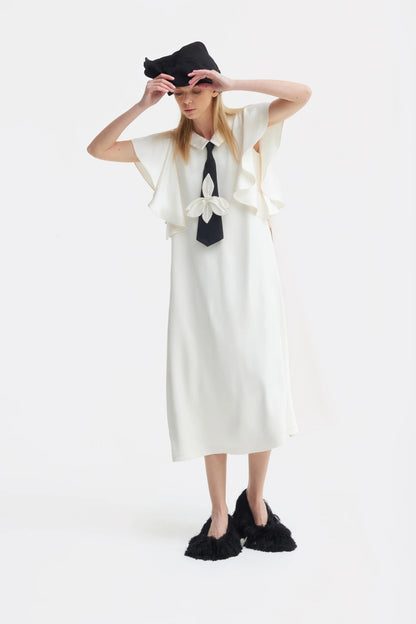Ivory midi satin dress with black tie | Julia Allert