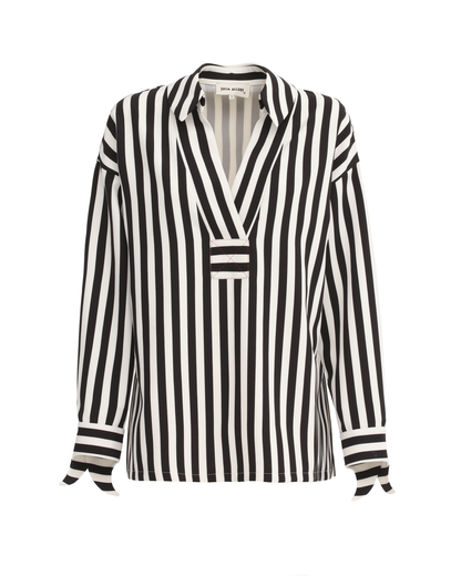JULIA ALLERT Relaxed V-Neck Striped Blouse - Black/White