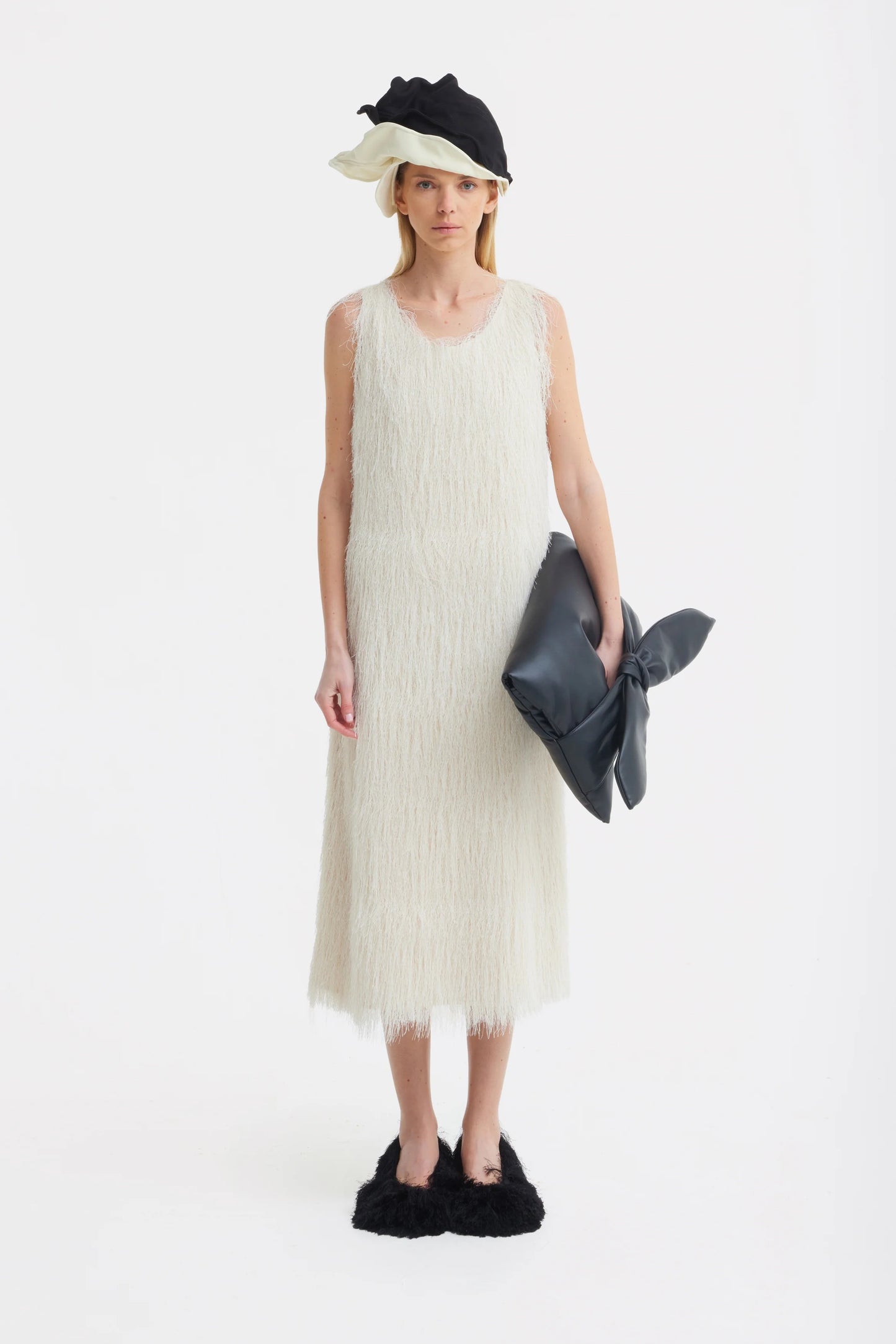 Ivory Sleeveless Textured Pile Midi Dress | Julia Allert