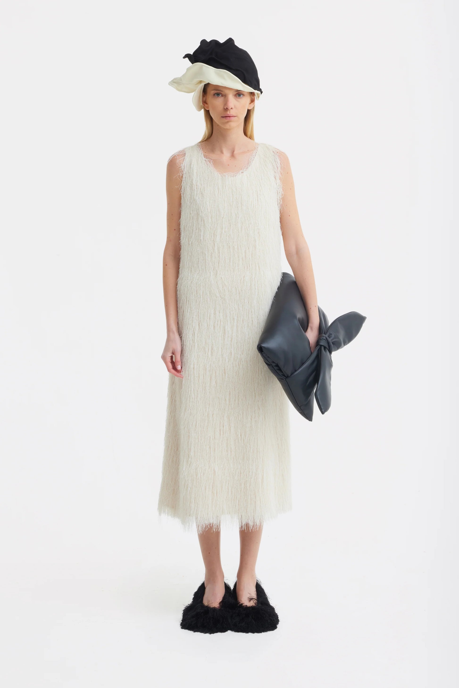 Ivory Sleeveless Textured Pile Midi Dress | Julia Allert