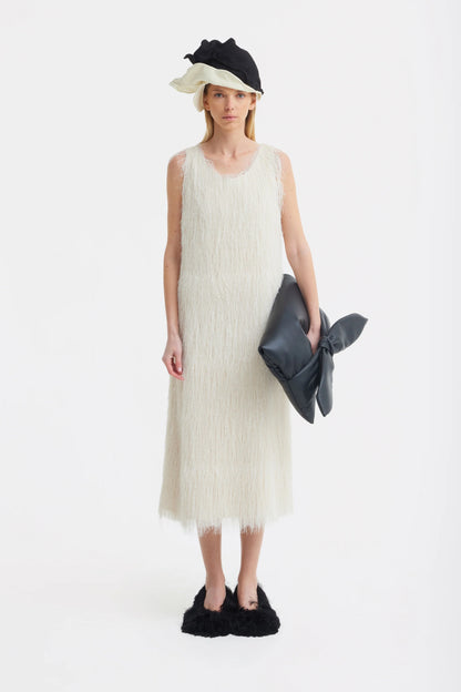 Ivory Sleeveless Textured Pile Midi Dress | Julia Allert