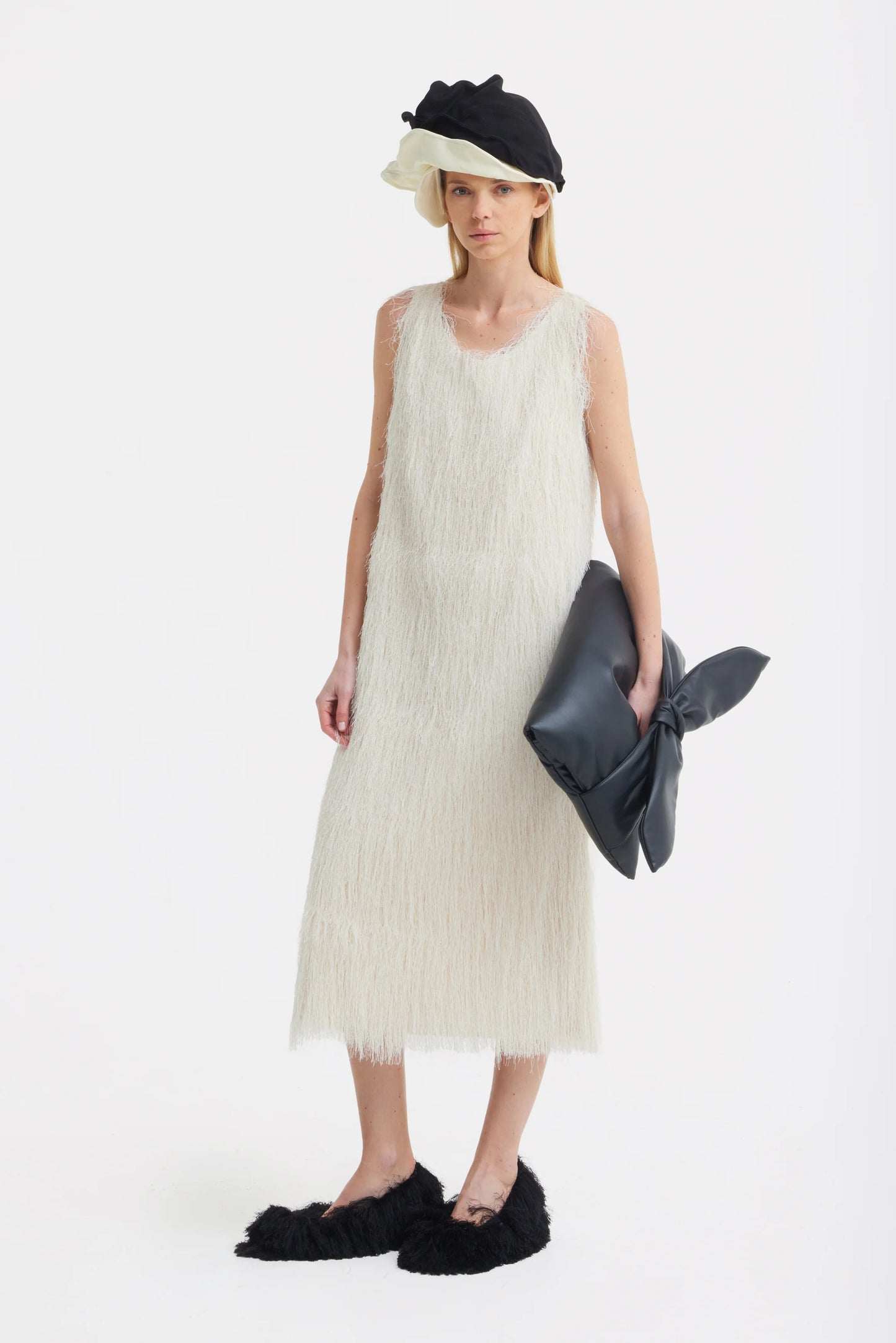 Ivory Sleeveless Textured Pile Midi Dress | Julia Allert