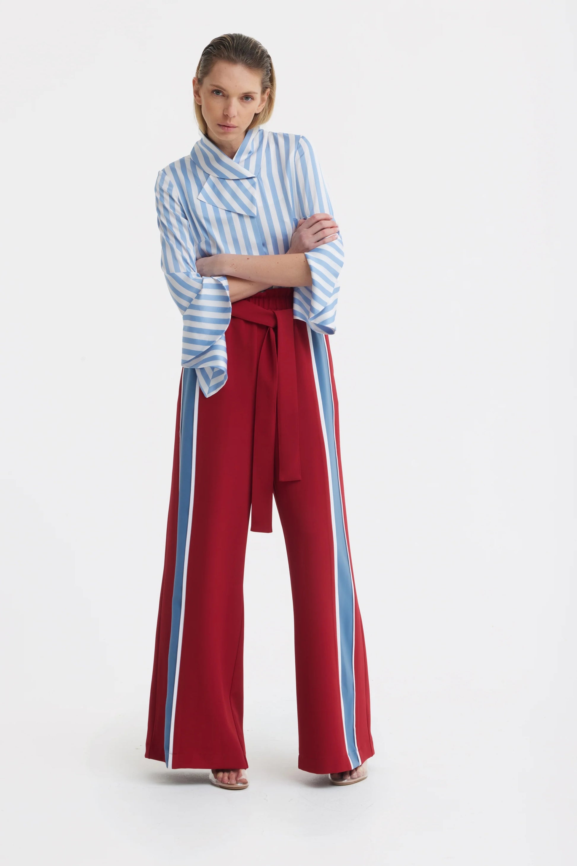 Blue and White Striped Blouse With Asymmetric Collar | Julia Allert