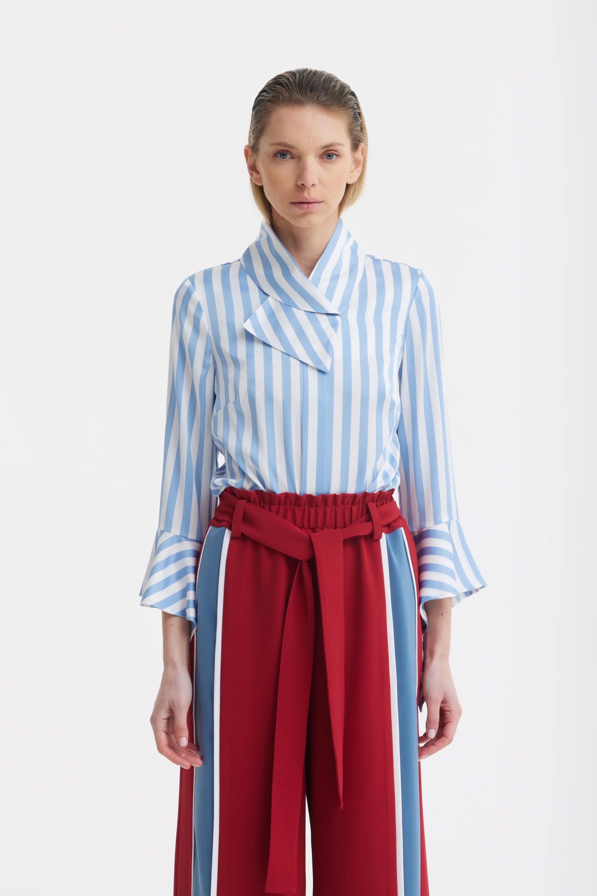 Blue and White Striped Blouse With Asymmetric Collar | Julia Allert