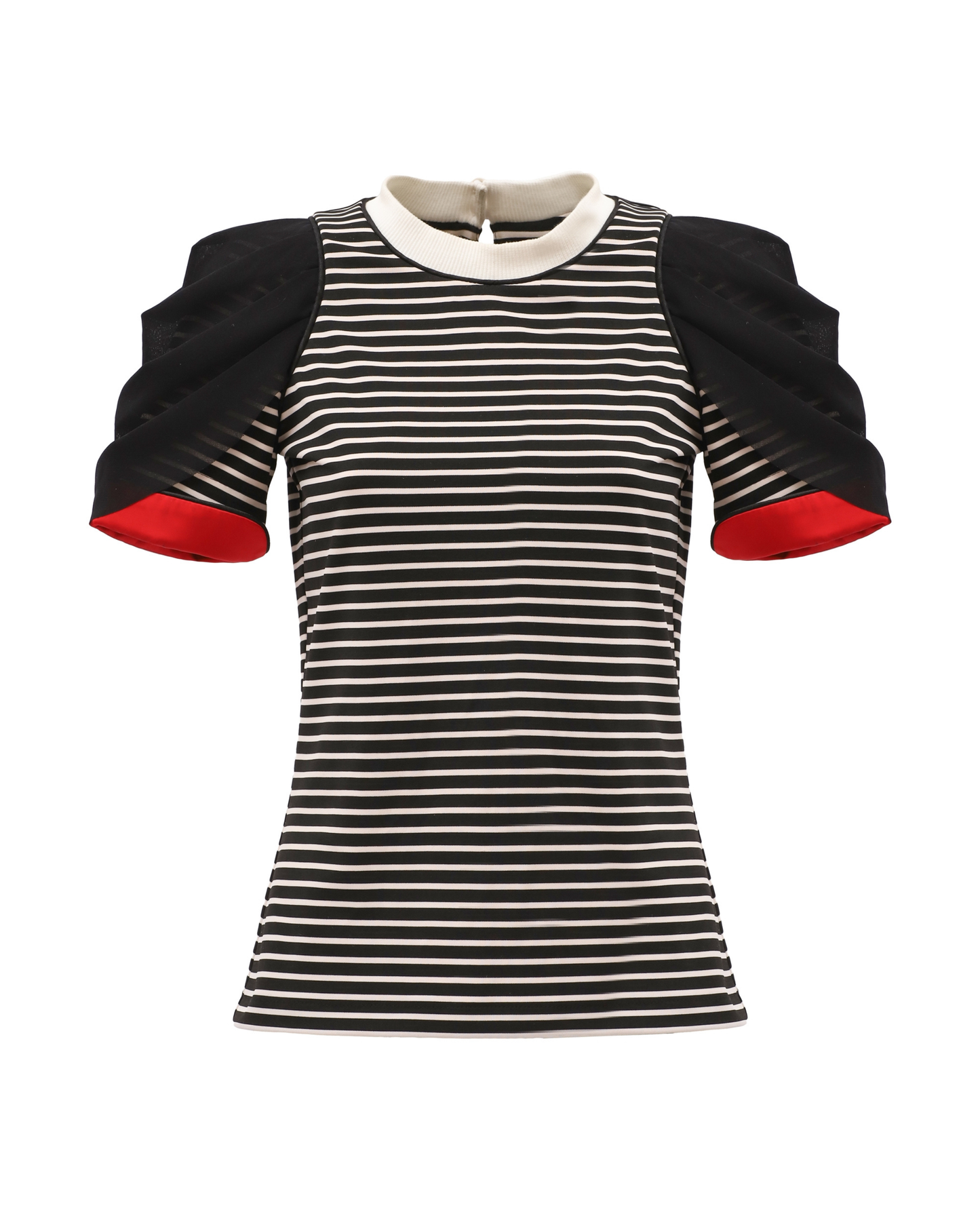 JULIA ALLERT Striped Knit Blouse With Mesh Puff Sleeves - Black/White