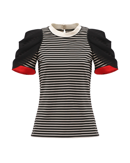 JULIA ALLERT Striped Knit Blouse With Mesh Puff Sleeves - Black/White