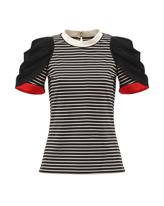 JULIA ALLERT Striped Knit Blouse With Mesh Puff Sleeves - Black/White