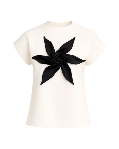 White jersey women's T-shirt with black 3D flower | Julia Allert