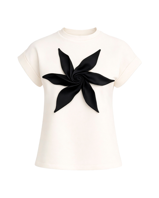 White jersey women's T-shirt with black 3D flower | Julia Allert