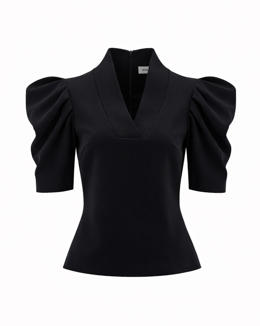 Black V-Neck Puff Sleeve women's Top | Julia Allert