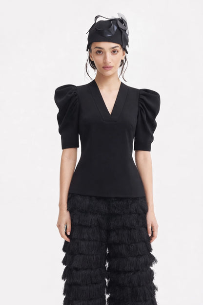 Black V-Neck Puff Sleeve women's Top | Julia Allert
