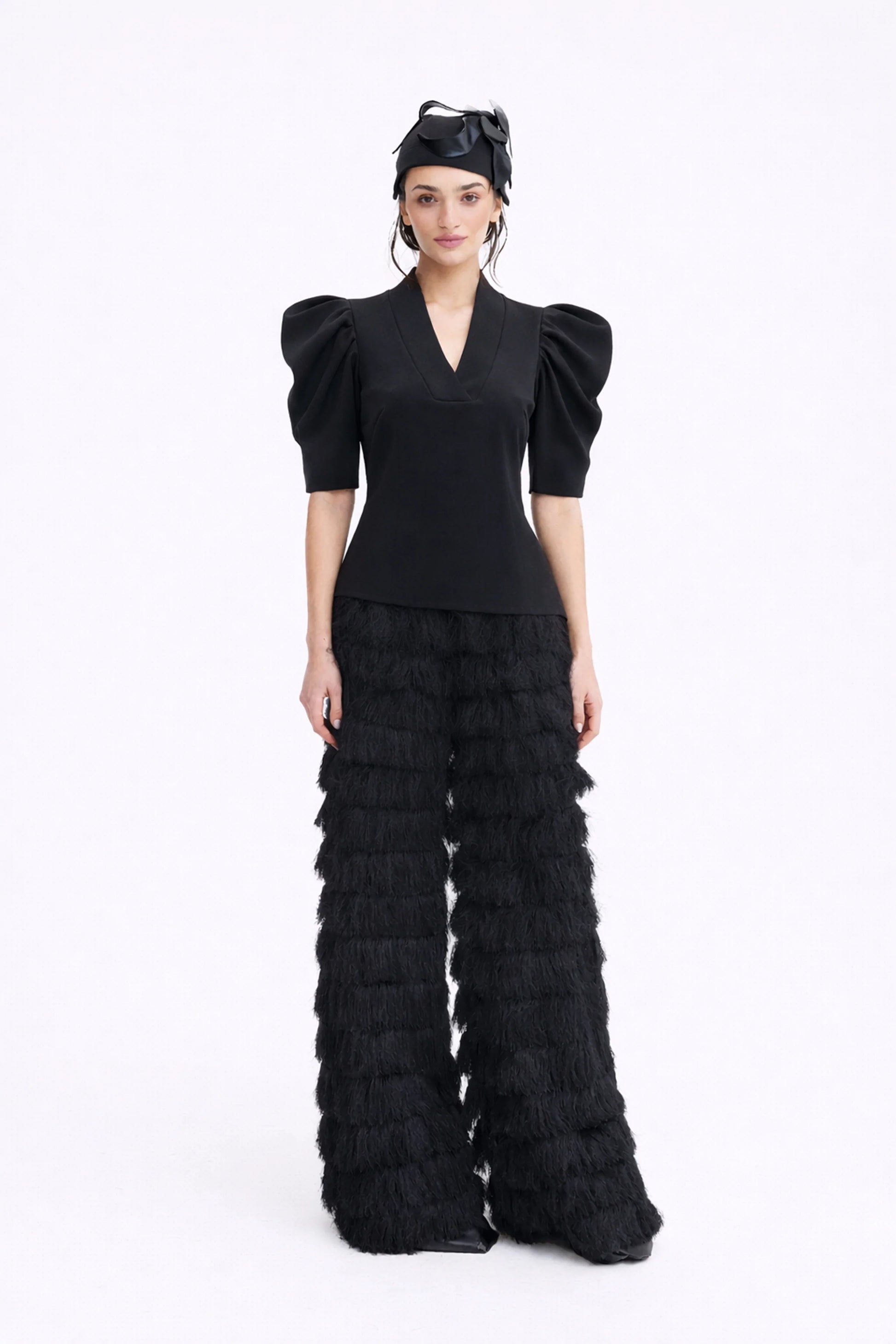 Black V-Neck Puff Sleeve women's Top | Julia Allert