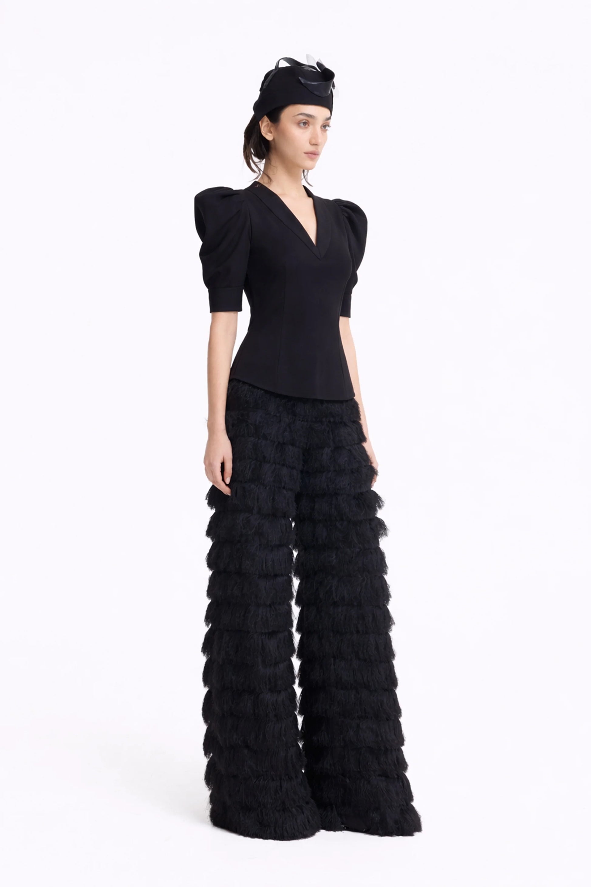 Black V-Neck Puff Sleeve women's Top | Julia Allert