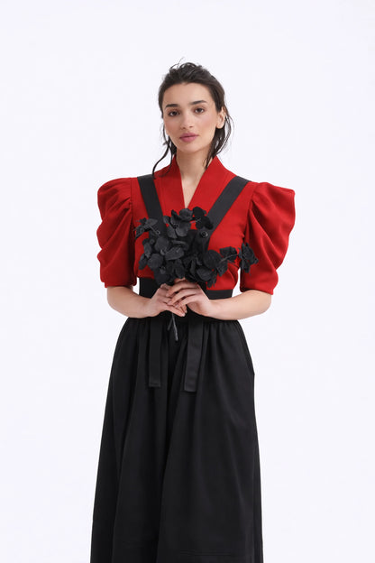 Red V-Neck Puff Sleeve women's Top | Julia Allert