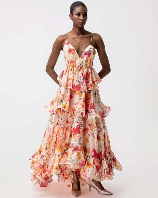 Designer pink floral deep V-neck maxi resortwear dress | JessieQ